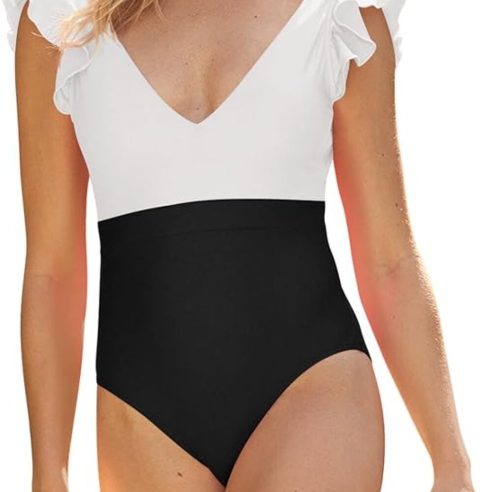 Saodimallsu Women's One Piece Black & White Tummy Control Ruffle Bathing Suit Md